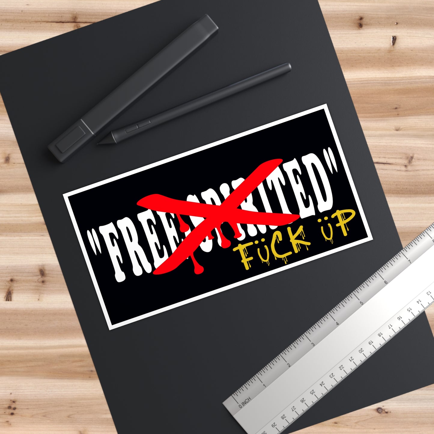 "FREE SPIRITED" Black/White Trimmed Car Bumper Sticker, 7.5" x 3.75"