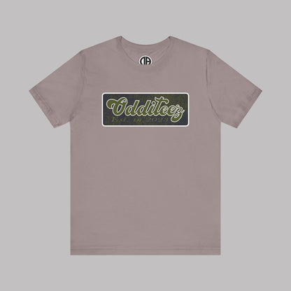 Vintage Military Green Odditeez Varsity Letters rectangular logo design, Unisex Adult Short-Sleeve Graphic Print T-Shirts
