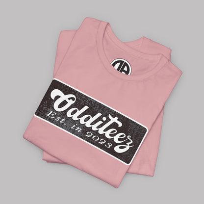 Vintage White Odditeez Varsity Letters rectangular logo design, Unisex Adult Short-Sleeve Graphic Print T-Shirts