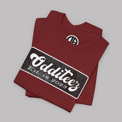 Vintage White Odditeez Varsity Letters rectangular logo design, Unisex Adult Short-Sleeve Graphic Print T-Shirts