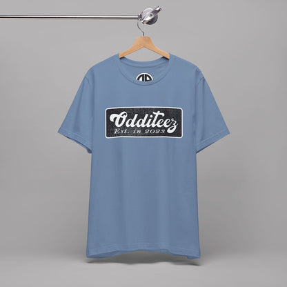 Vintage White Odditeez Varsity Letters rectangular logo design, Unisex Adult Short-Sleeve Graphic Print T-Shirts