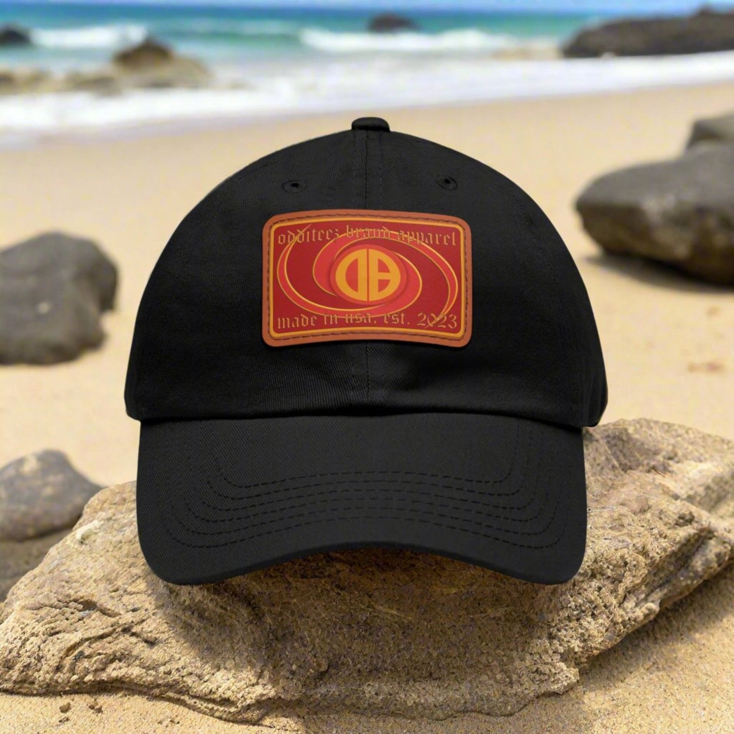 Psychedelic Swirly 3D effect logo design, Unisex Dad Hat with Red Rectangular Leather Patch