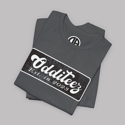 Vintage White Odditeez Varsity Letters rectangular logo design, Unisex Adult Short-Sleeve Graphic Print T-Shirts