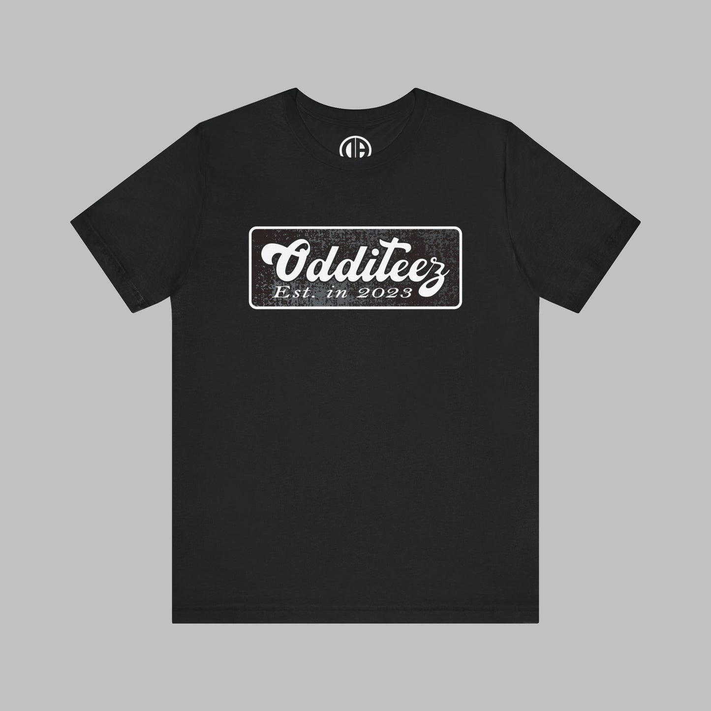 Vintage White Odditeez Varsity Letters rectangular logo design, Unisex Adult Short-Sleeve Graphic Print T-Shirts