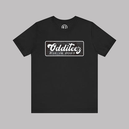 Vintage White Odditeez Varsity Letters rectangular logo design, Unisex Adult Short-Sleeve Graphic Print T-Shirts