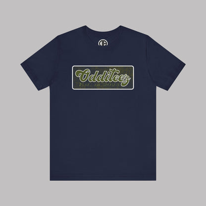 Vintage Military Green Odditeez Varsity Letters rectangular logo design, Unisex Adult Short-Sleeve Graphic Print T-Shirts
