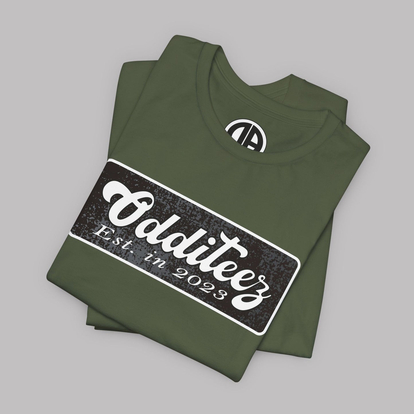 Vintage White Odditeez Varsity Letters rectangular logo design, Unisex Adult Short-Sleeve Graphic Print T-Shirts