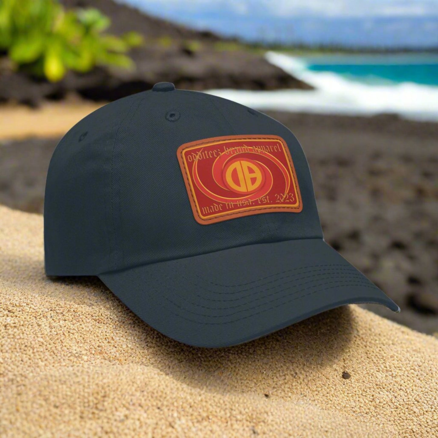 Psychedelic Swirly 3D effect logo design, Unisex Dad Hat with Red Rectangular Leather Patch