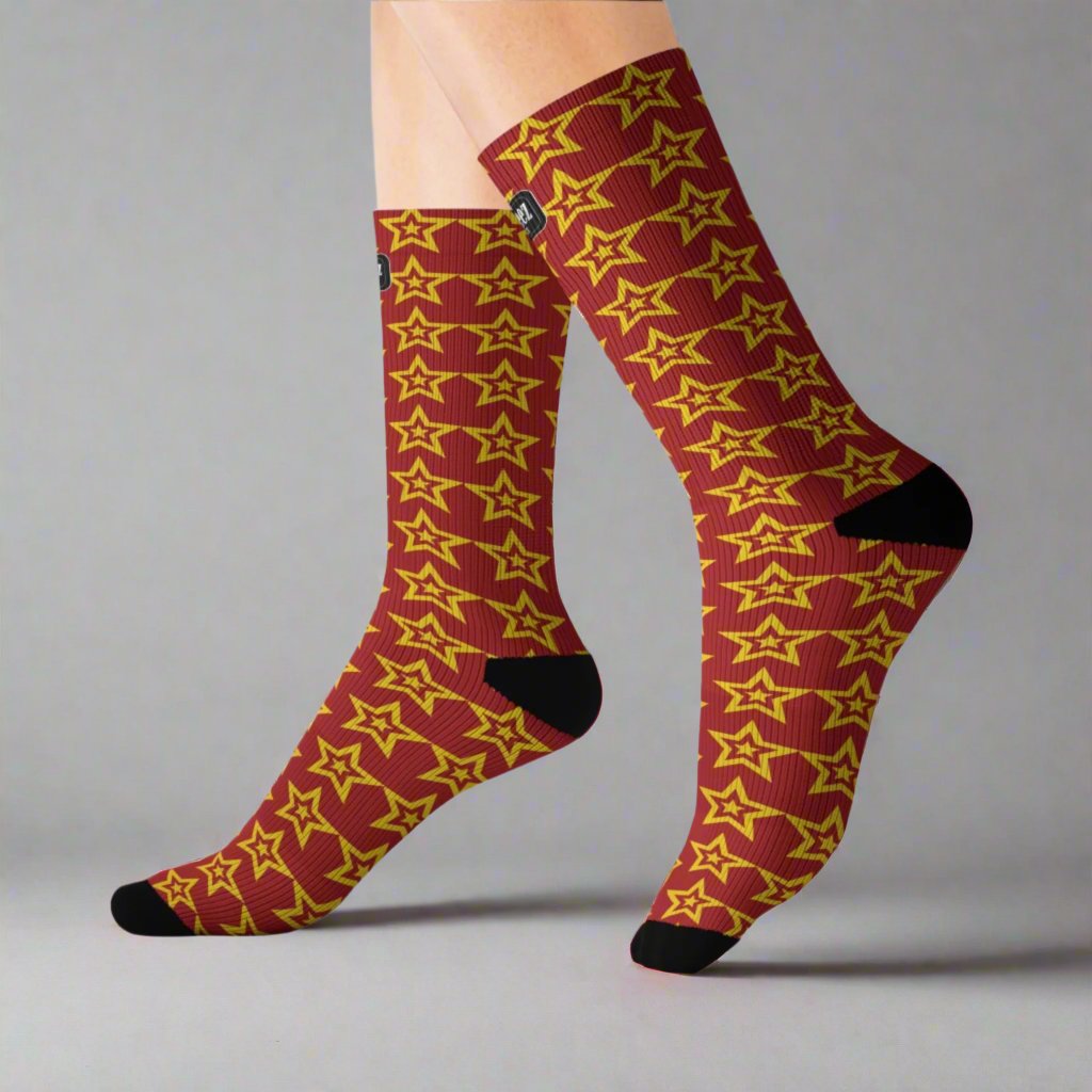 Yellow Star logo design, Dark Red Unisex Calf-Length Sublimation Socks, 1 pair