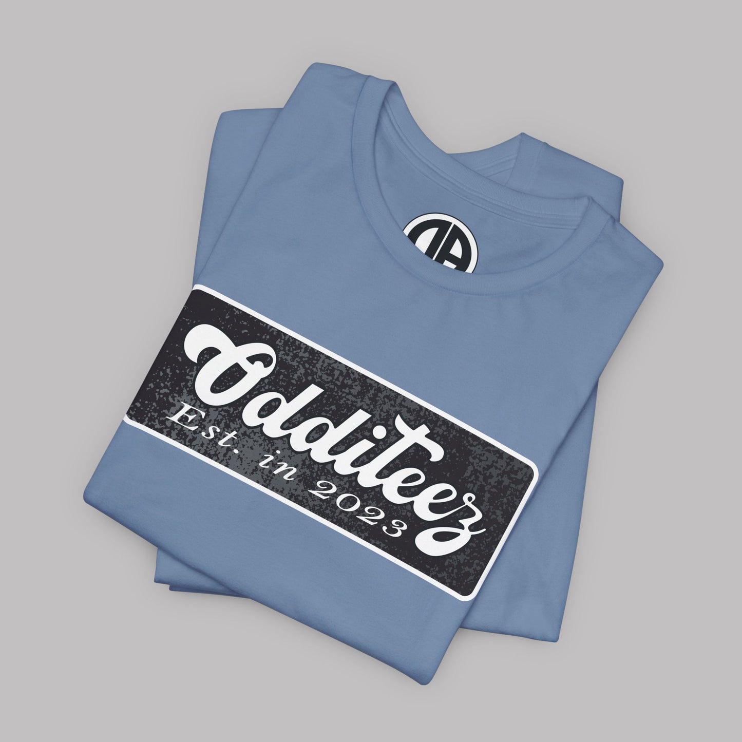 Vintage White Odditeez Varsity Letters rectangular logo design, Unisex Adult Short-Sleeve Graphic Print T-Shirts