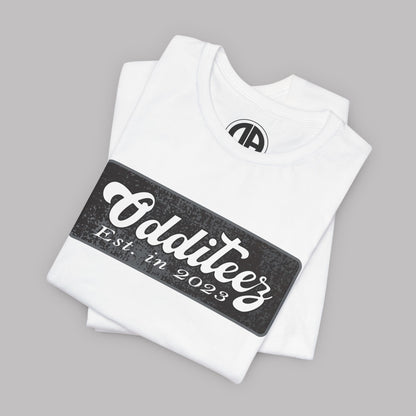 Vintage White Odditeez Varsity Letters rectangular logo design, Unisex Adult Short-Sleeve Graphic Print T-Shirts