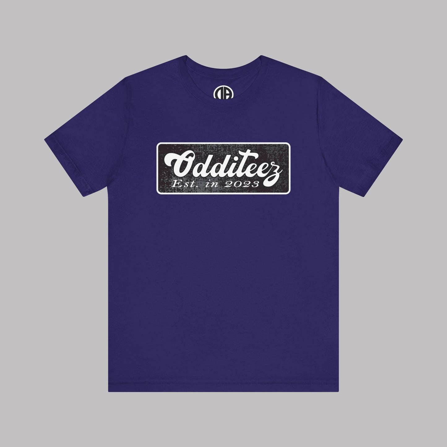 Vintage White Odditeez Varsity Letters rectangular logo design, Unisex Adult Short-Sleeve Graphic Print T-Shirts