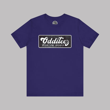 Vintage White Odditeez Varsity Letters rectangular logo design, Unisex Adult Short-Sleeve Graphic Print T-Shirts