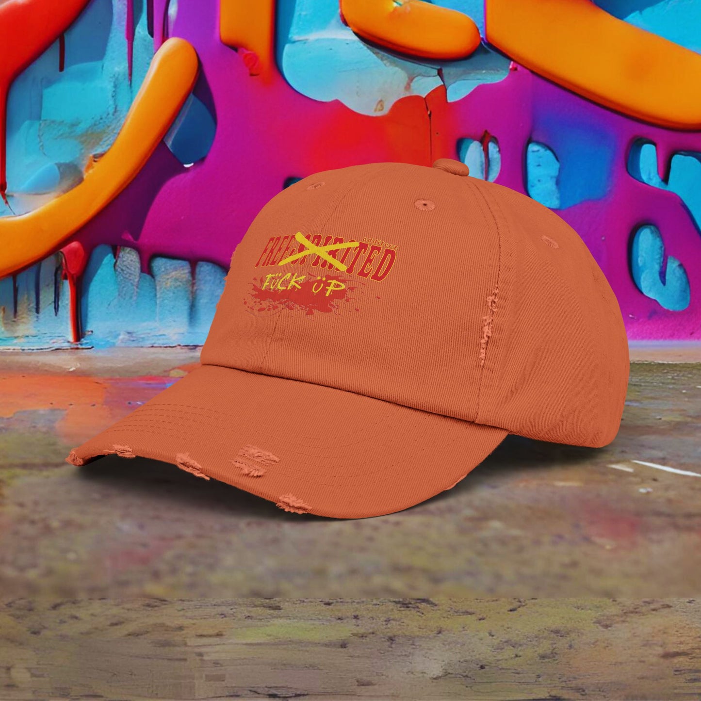 "Free-Spirited" Dark Red & Yellow Graffiti Spraypainted logo design, Unisex Distressed Baseball Caps