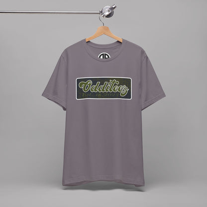 Vintage Military Green Odditeez Varsity Letters rectangular logo design, Unisex Adult Short-Sleeve Graphic Print T-Shirts