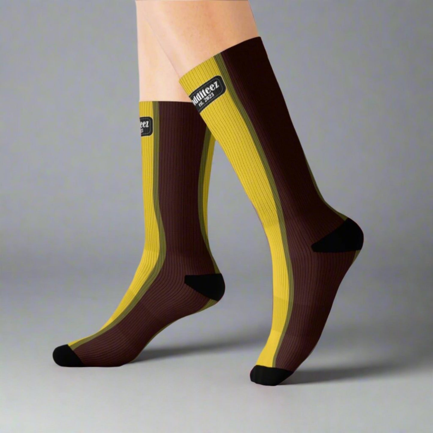 Gold & Yellow Striped logo design, Oxblood Unisex Calf-Length Sublimation Socks, 1 pair