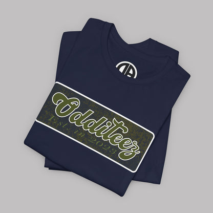 Vintage Military Green Odditeez Varsity Letters rectangular logo design, Unisex Adult Short-Sleeve Graphic Print T-Shirts