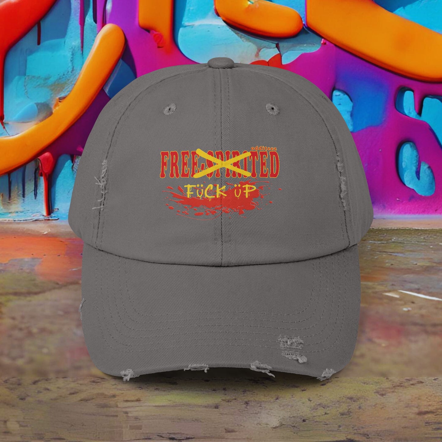 "Free-Spirited" Dark Red & Yellow Graffiti Spraypainted logo design, Unisex Distressed Baseball Caps