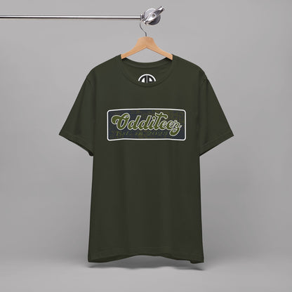 Vintage Military Green Odditeez Varsity Letters rectangular logo design, Unisex Adult Short-Sleeve Graphic Print T-Shirts
