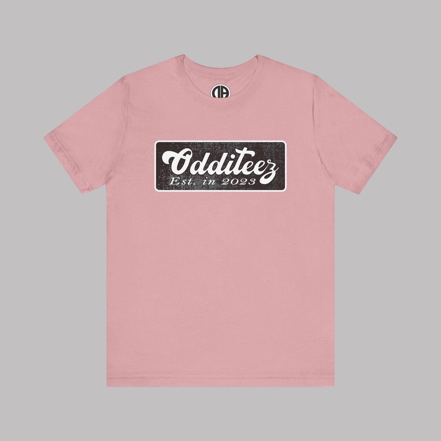 Vintage White Odditeez Varsity Letters rectangular logo design, Unisex Adult Short-Sleeve Graphic Print T-Shirts