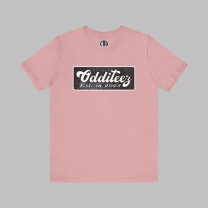 Vintage White Odditeez Varsity Letters rectangular logo design, Unisex Adult Short-Sleeve Graphic Print T-Shirts