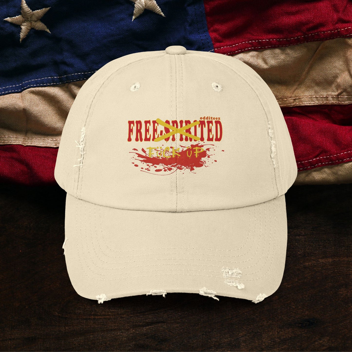 "Free-Spirited" Dark Red Graffiti logo design, Unisex Distressed Baseball Cap