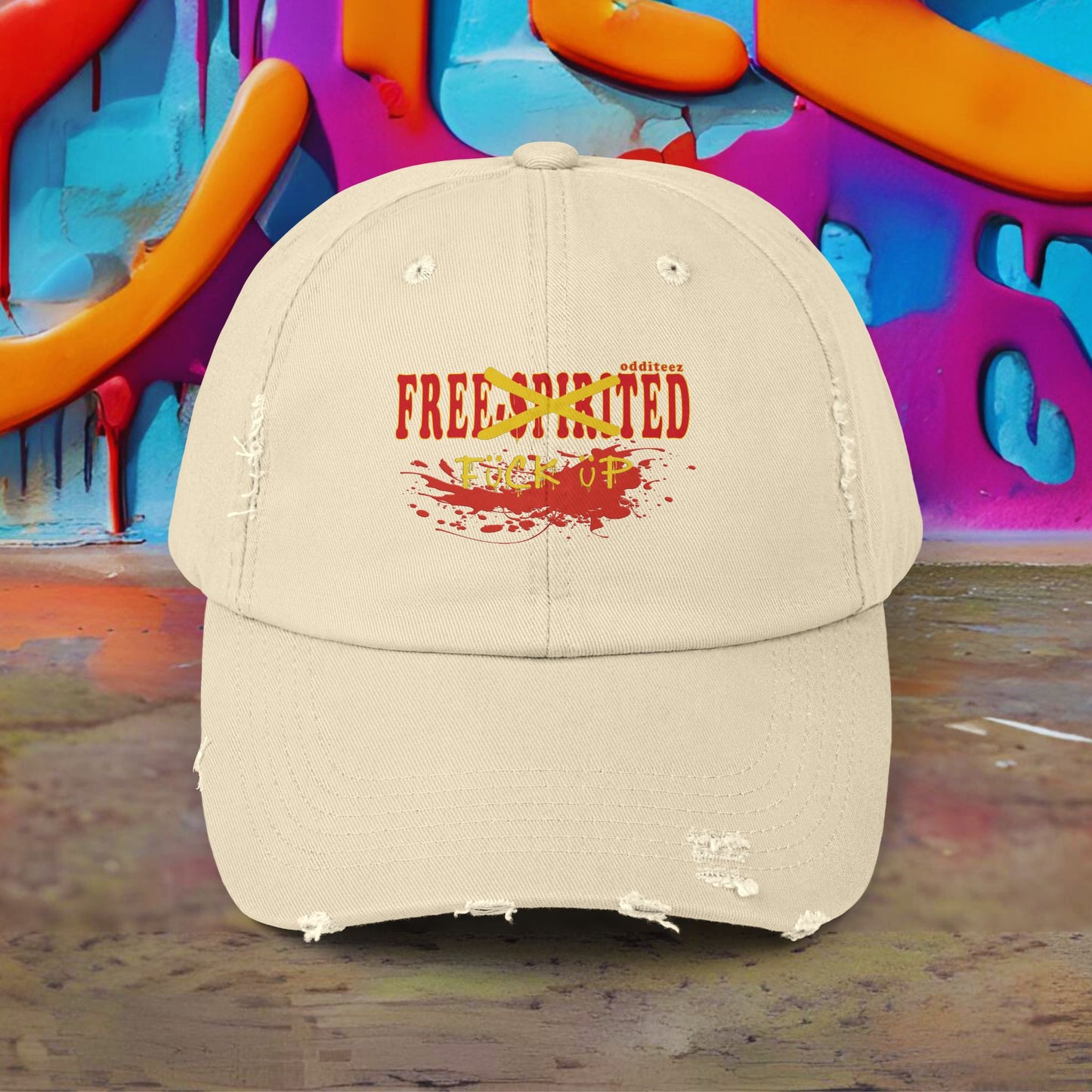 "Free-Spirited" Dark Red & Yellow Graffiti Spraypainted logo design, Unisex Distressed Baseball Caps