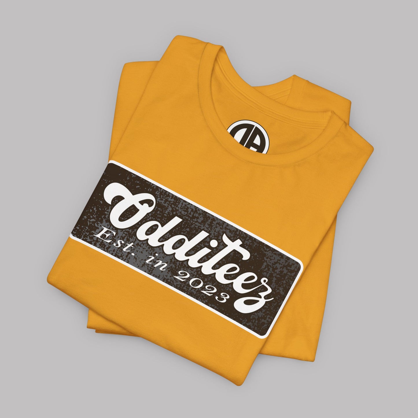 Vintage White Odditeez Varsity Letters rectangular logo design, Unisex Adult Short-Sleeve Graphic Print T-Shirts