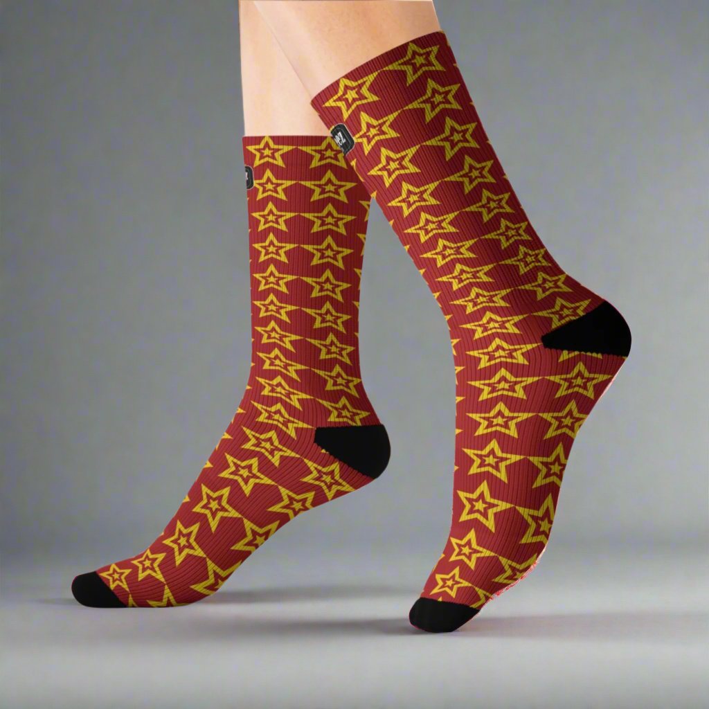 Yellow Star logo design, Dark Red Unisex Calf-Length Sublimation Socks, 1 pair