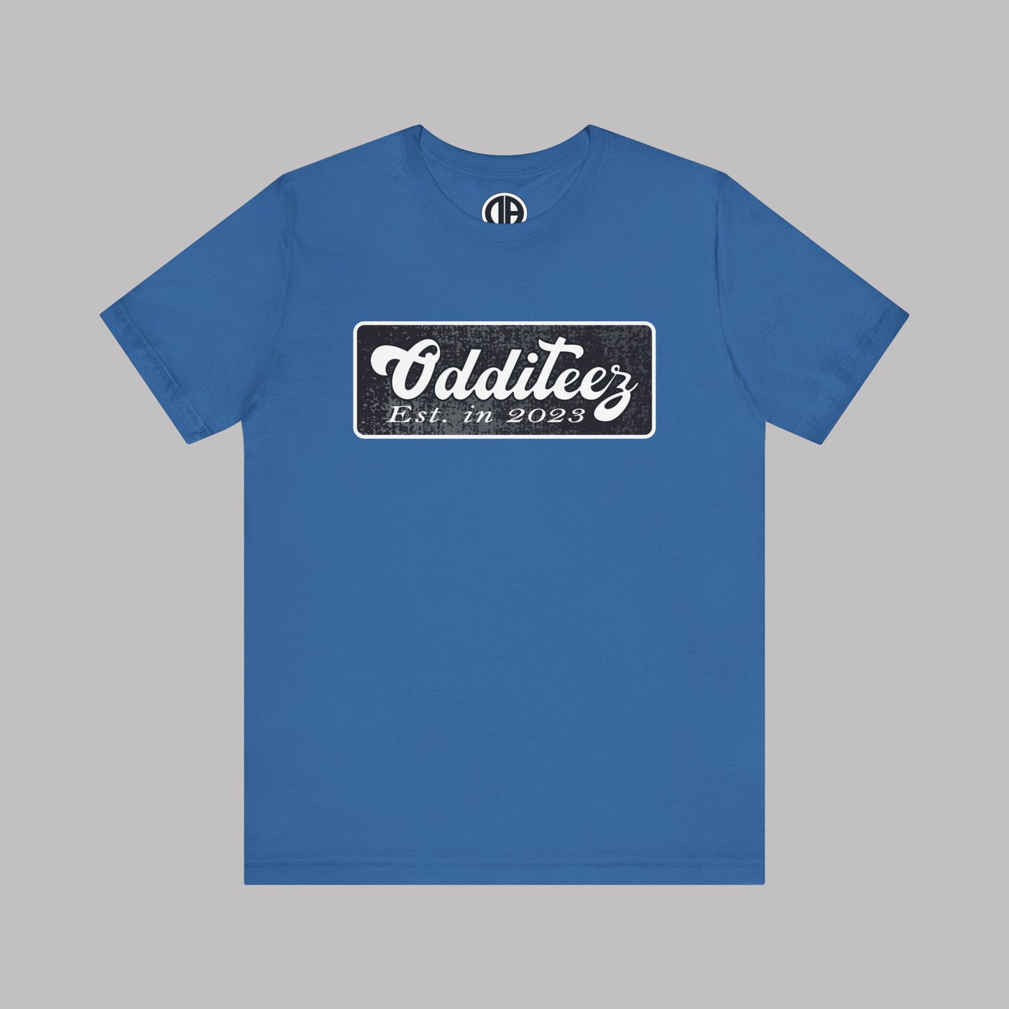 Vintage White Odditeez Varsity Letters rectangular logo design, Unisex Adult Short-Sleeve Graphic Print T-Shirts