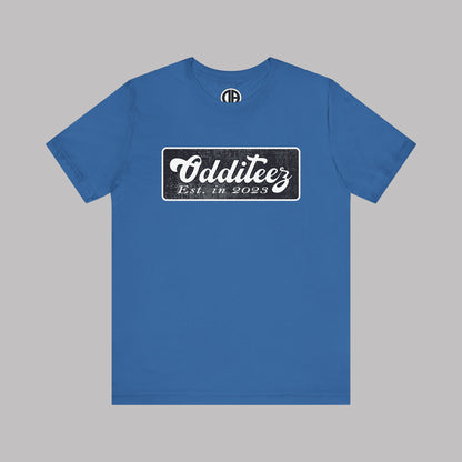 Vintage White Odditeez Varsity Letters rectangular logo design, Unisex Adult Short-Sleeve Graphic Print T-Shirts
