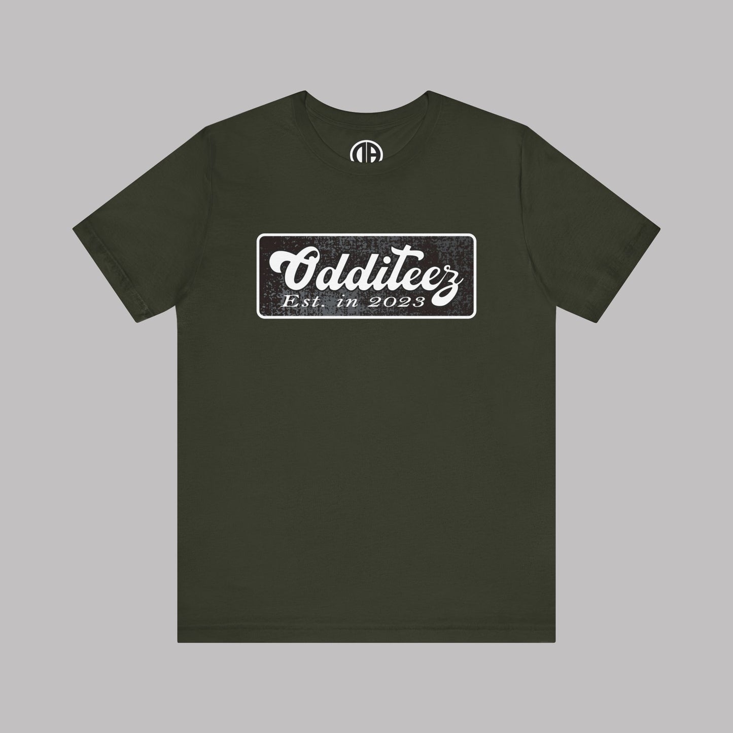 Vintage White Odditeez Varsity Letters rectangular logo design, Unisex Adult Short-Sleeve Graphic Print T-Shirts