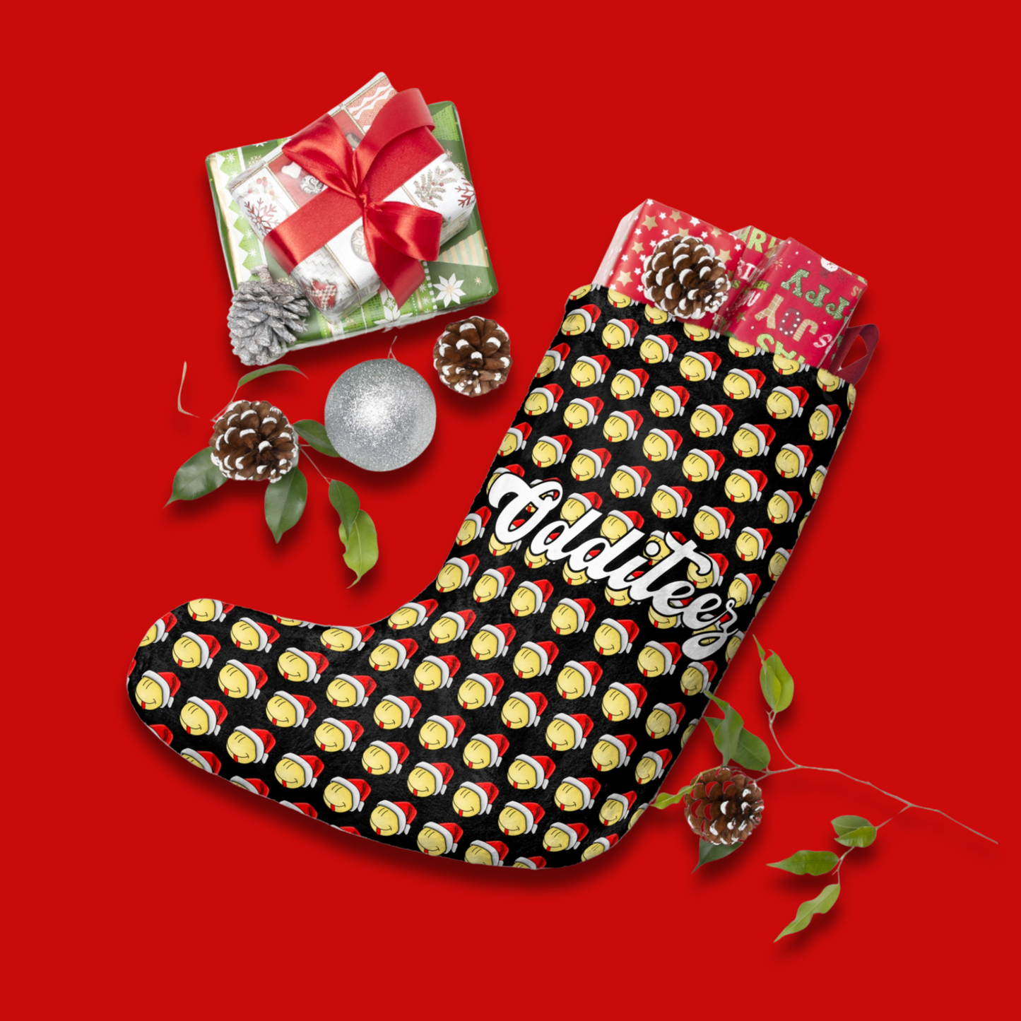 Odditeez brand emoji face design, Non-Traditional Black Christmas Stocking