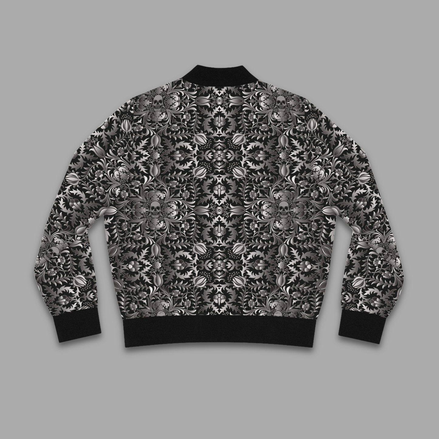 Black Floral & Skull pattern design, Black Women's Mid-Weight AOP Fall Bomber Jacket