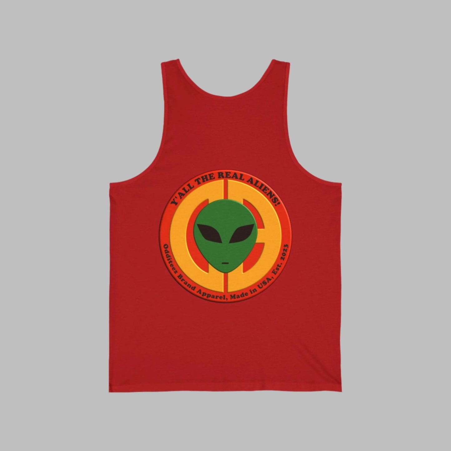 Back view of red YTRA tank top