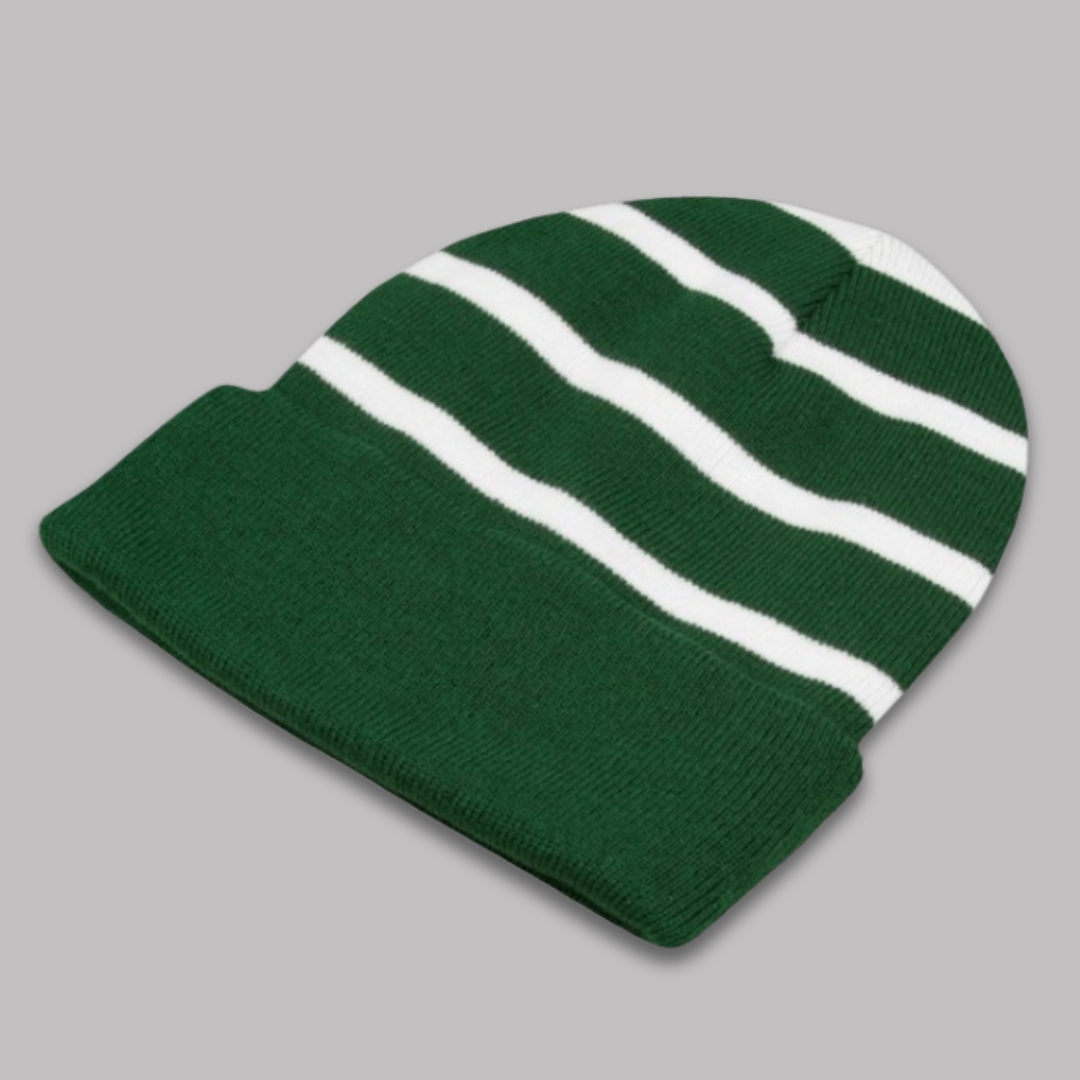 Yellow & Red Varsity Letters or Circular logo design, Forest Green & White Unisex Adult Sport-Tek® Embroidered Striped Fleece-Lined Cuffed Knit Beanies