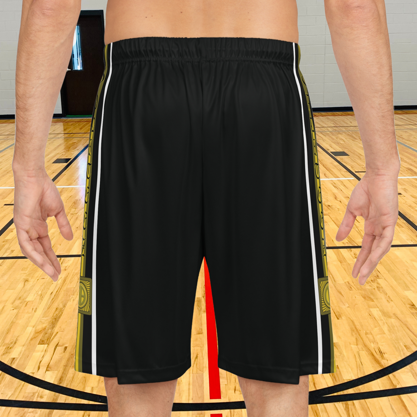 Gold, Yellow, Black & White Striped logo design, Black Men's Basketball Jersey Gym Shorts