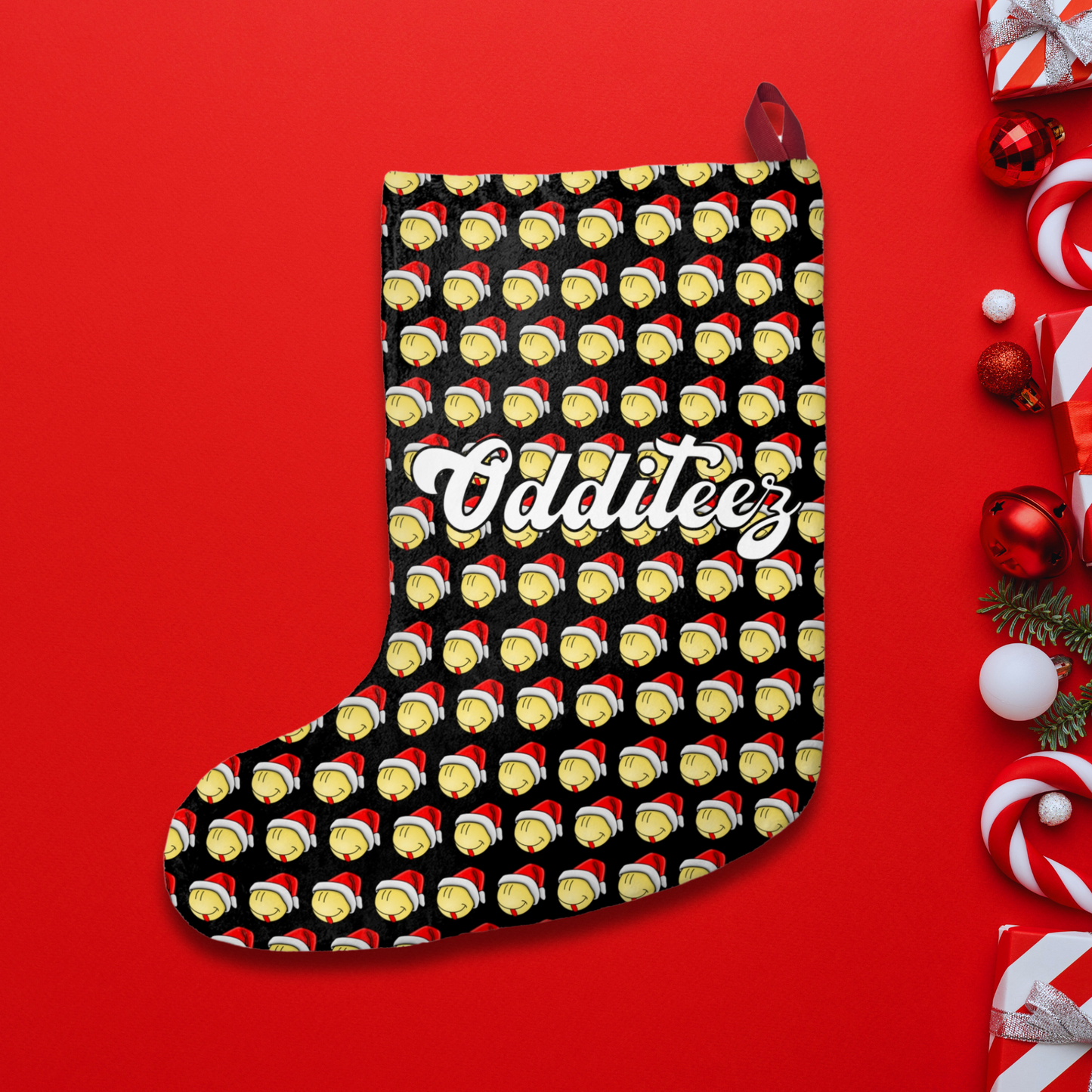 Odditeez brand emoji face design, Non-Traditional Black Christmas Stocking