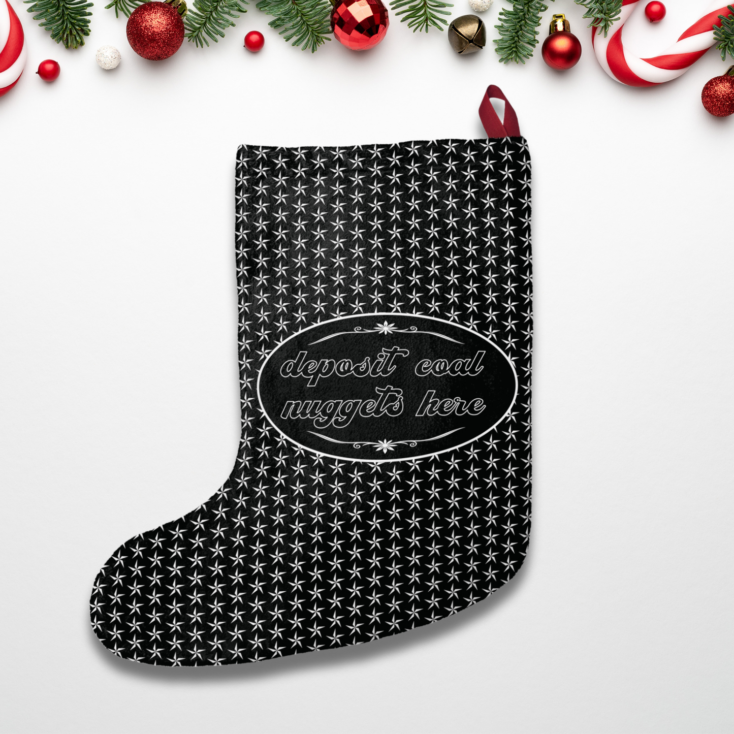 "Deposit coal nuggets here" satire design, Black & White Star Christmas Stockings