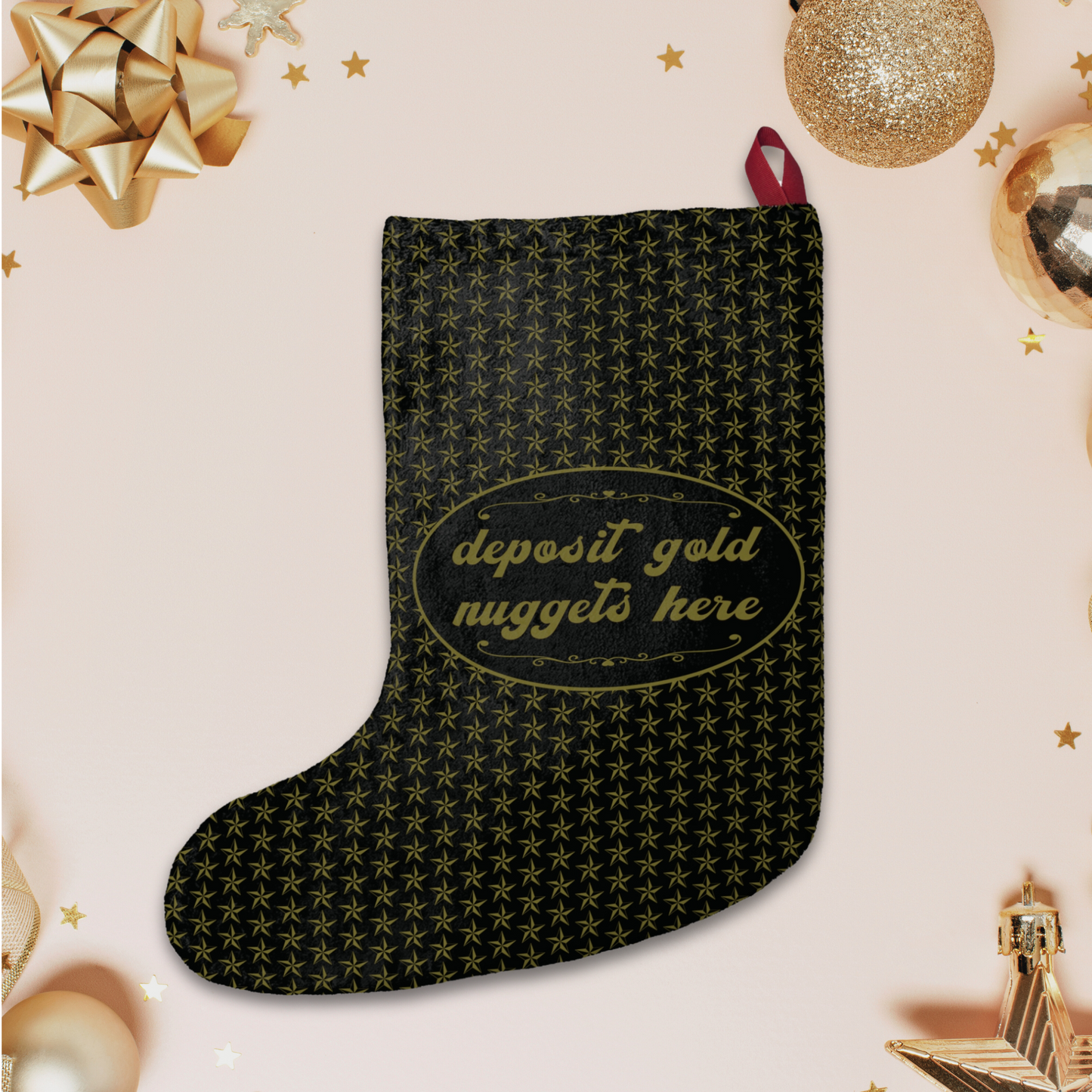 "Deposit gold nuggets here" satire design, Black & Gold Star Print Christmas Stockings