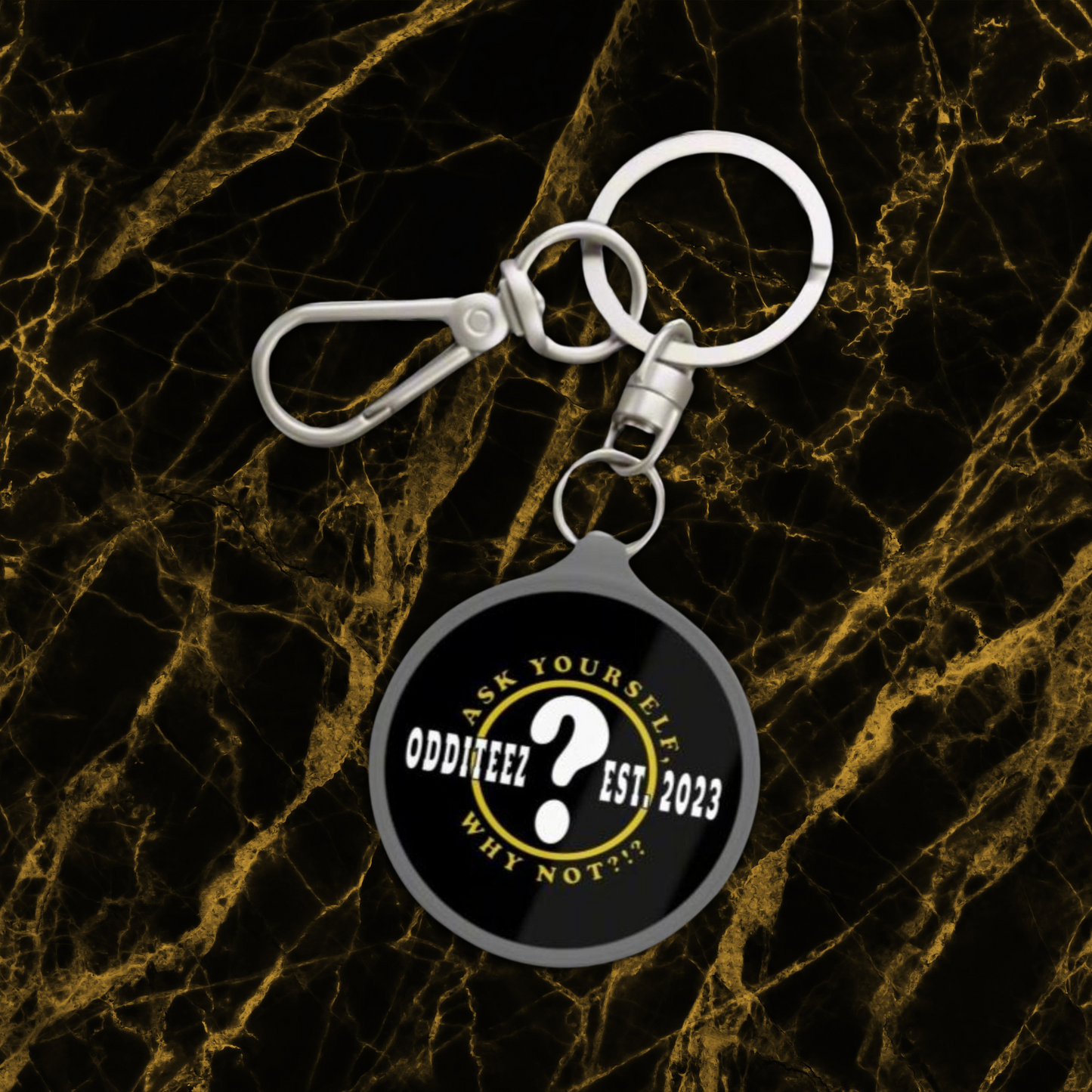 Display view of Black "AYWN" Question Mark logo design, Acrylic Keychain