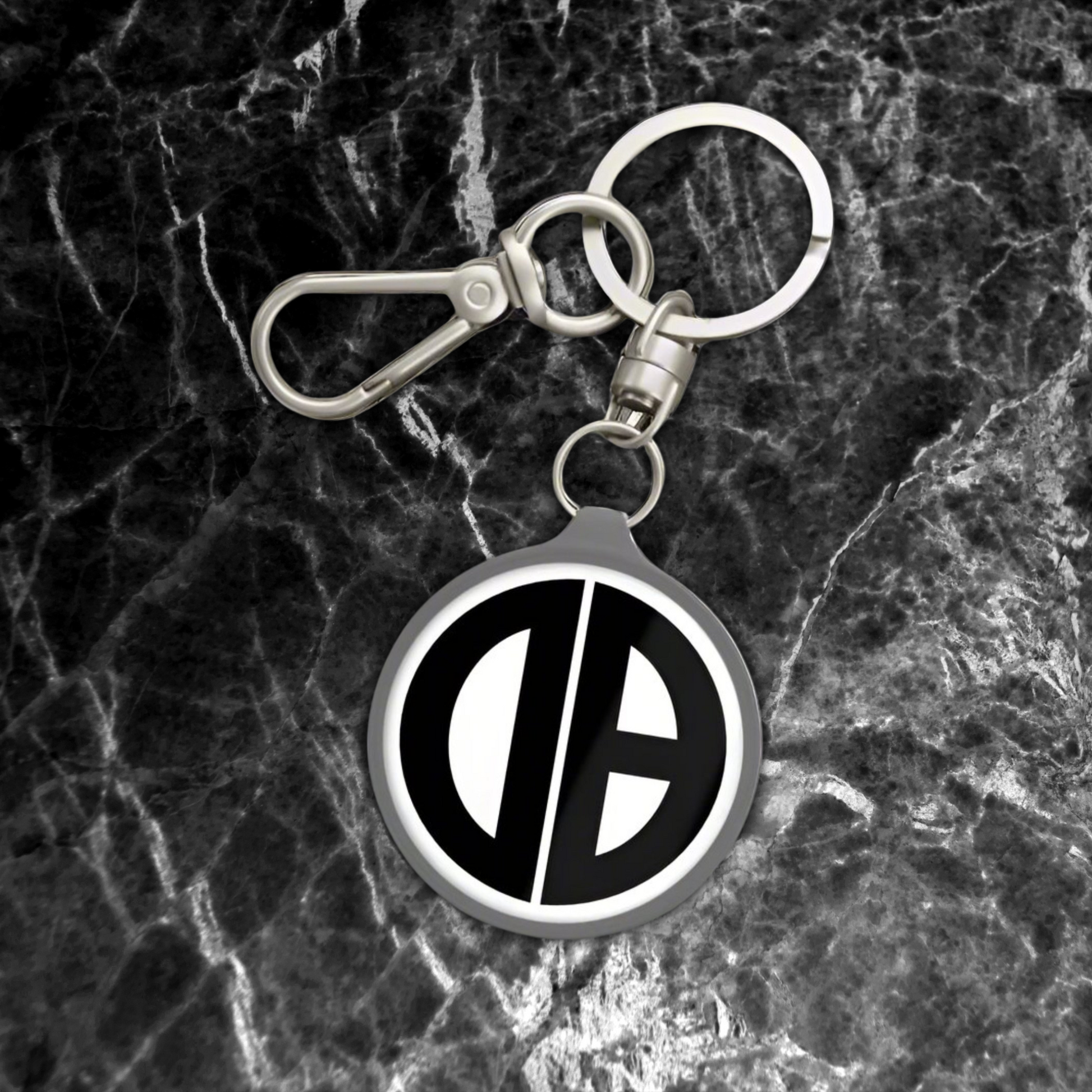 Display view of Black & White Circular logo design, Acrylic Keychain