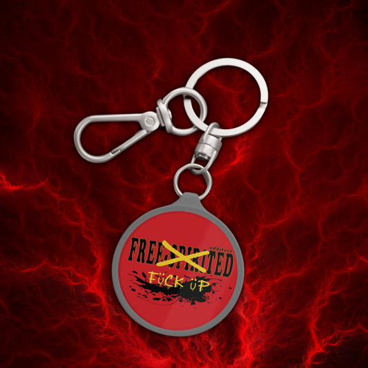 Display view of "Free-Spirited" logo design, Dark Red Acrylic Keychain