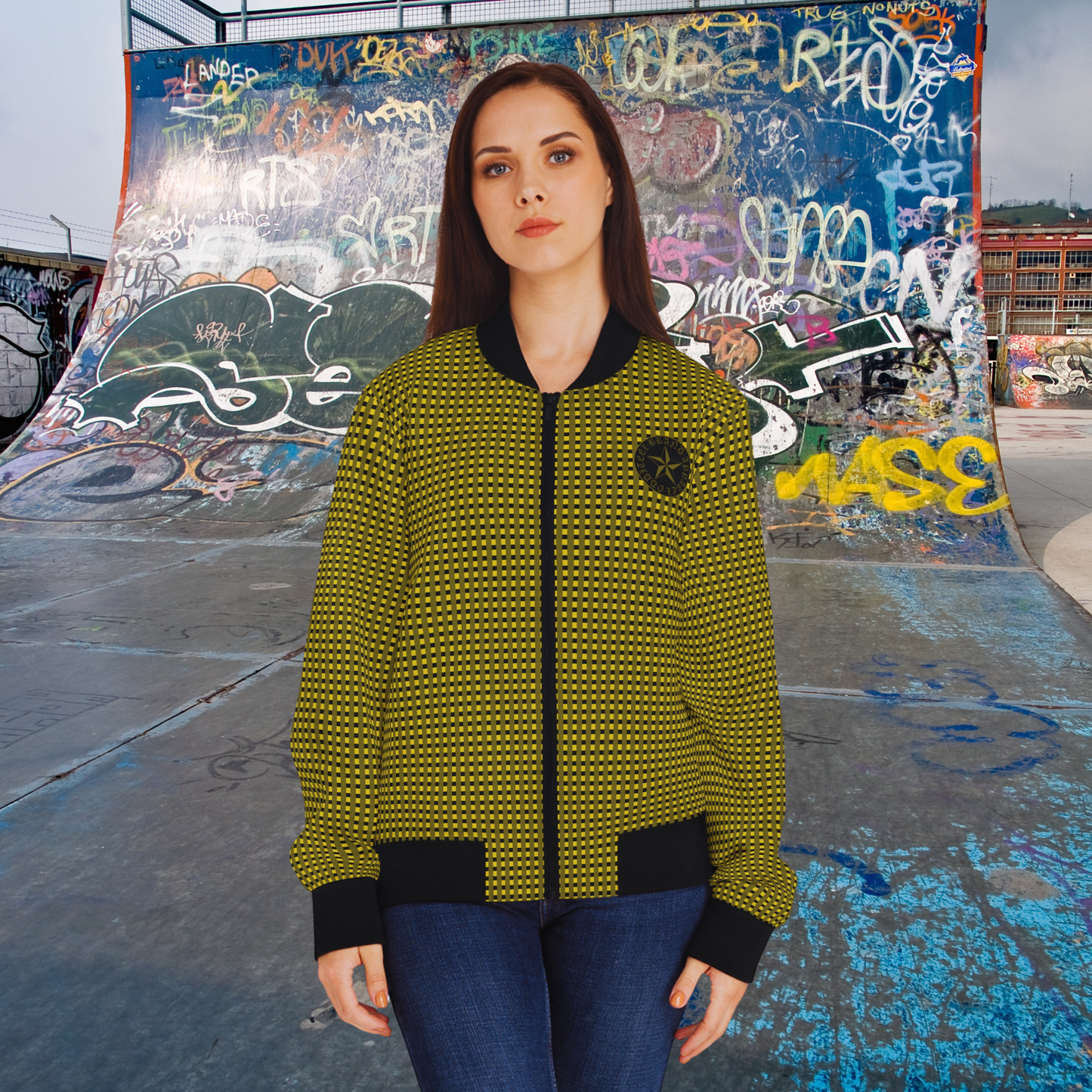 Golden, Yellow & Black Striped pattern design, Goiden Women's Mid-Weight AOP Fall Bomber Jacket