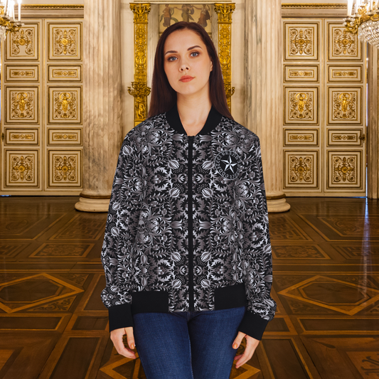 Black Floral & Skull pattern design, Black Women's Mid-Weight AOP Fall Bomber Jacket