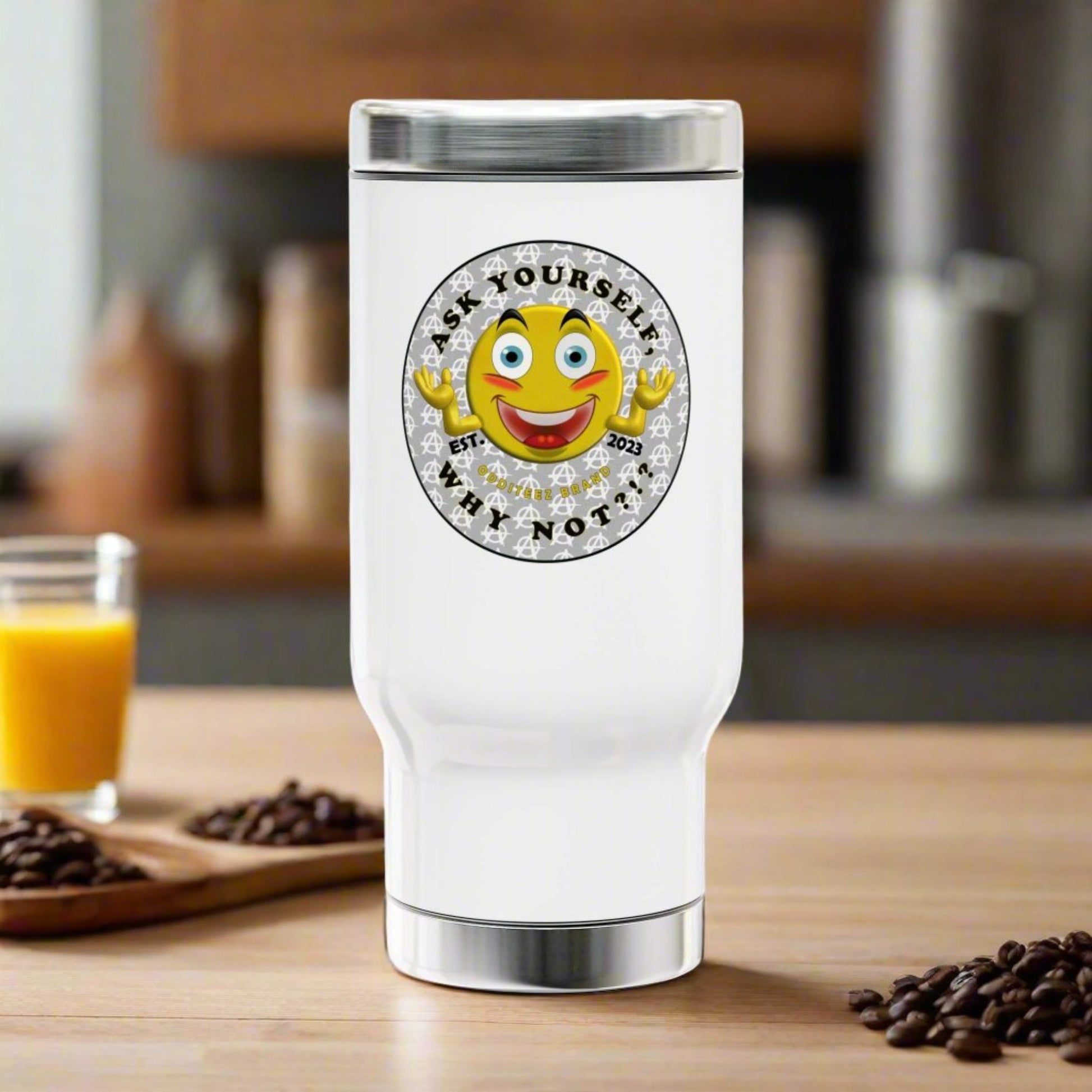 Front view of AWYN coffee travel mug