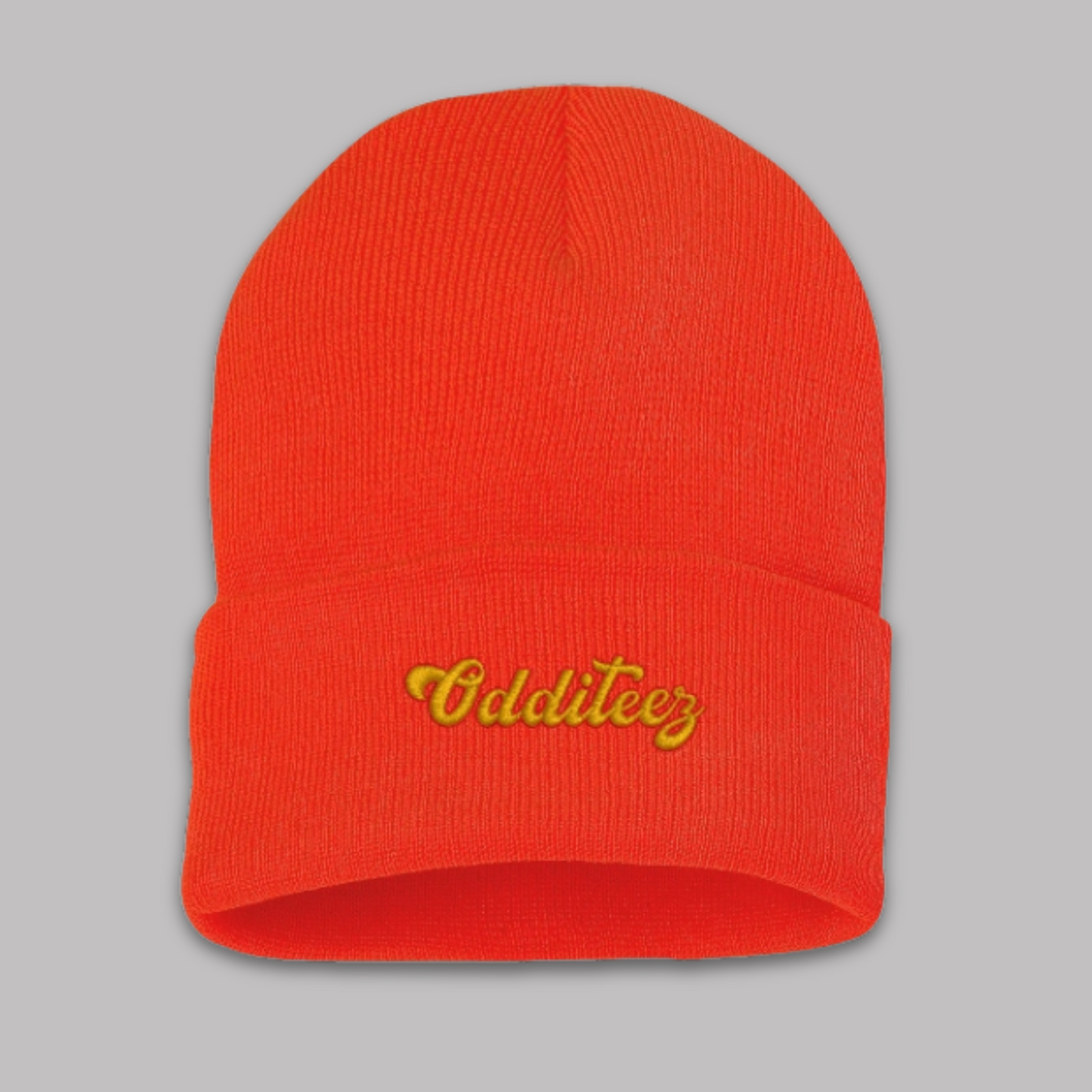 Yellow & Red Odditeez Varsity Letters design, Unisex Adult Sportsman Embroidered Cuffed Beanie Hats