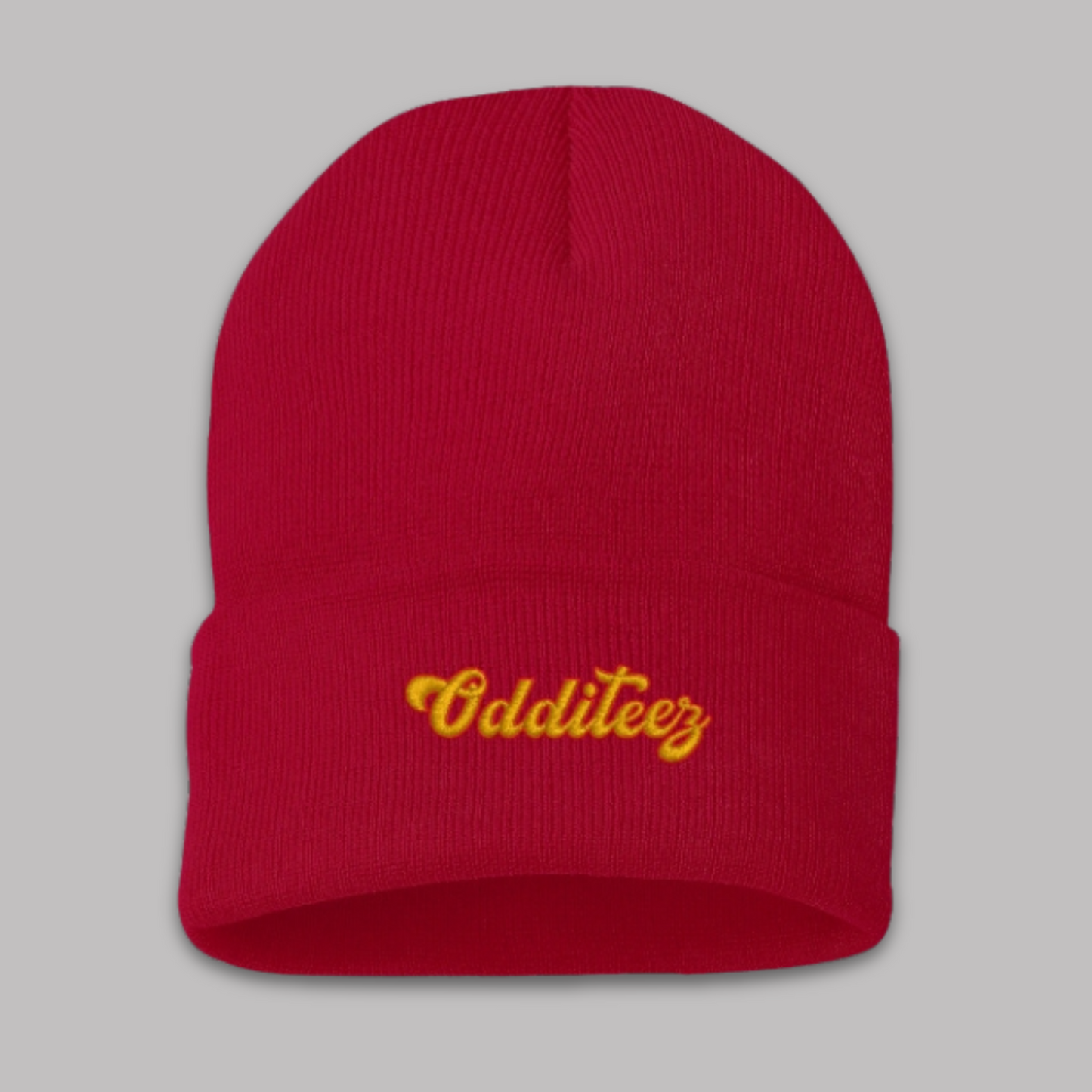 Yellow & Red Odditeez Varsity Letters design, Unisex Adult Sportsman Embroidered Cuffed Beanie Hats