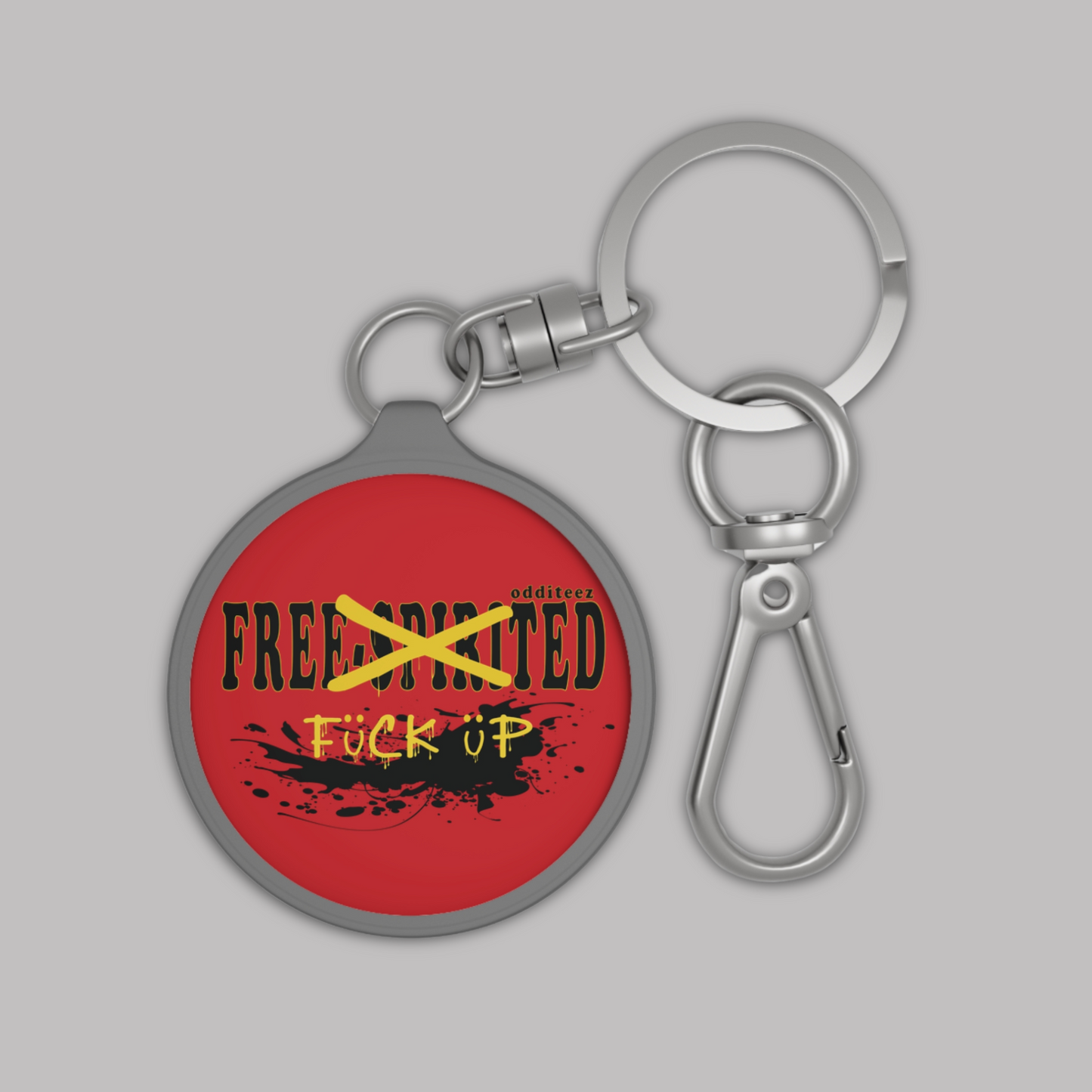 Front view of "Free-Spirited" logo design, Dark Red Acrylic Keychain