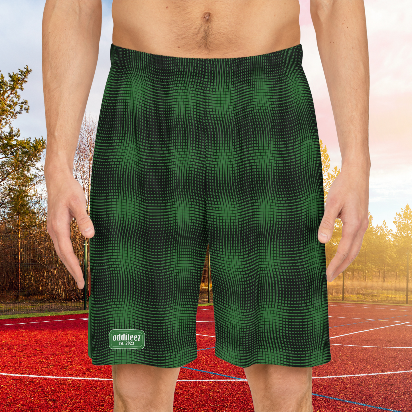 "Zoomies" alienesque pattern design, Dark Alien Green Men's Jersey Basketball Gym Shorts